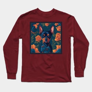 Dogs, Toy Terrier and flowers, dog, seamless print, style vector (red flowers Toy Terrier 3 version) Long Sleeve T-Shirt